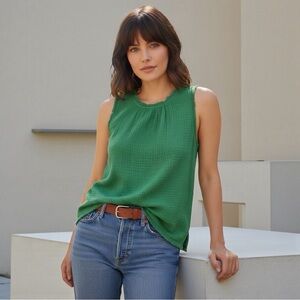 S’EDGE Women’s Round Neck Gauze Tank Top In Rainforest Green Size Small